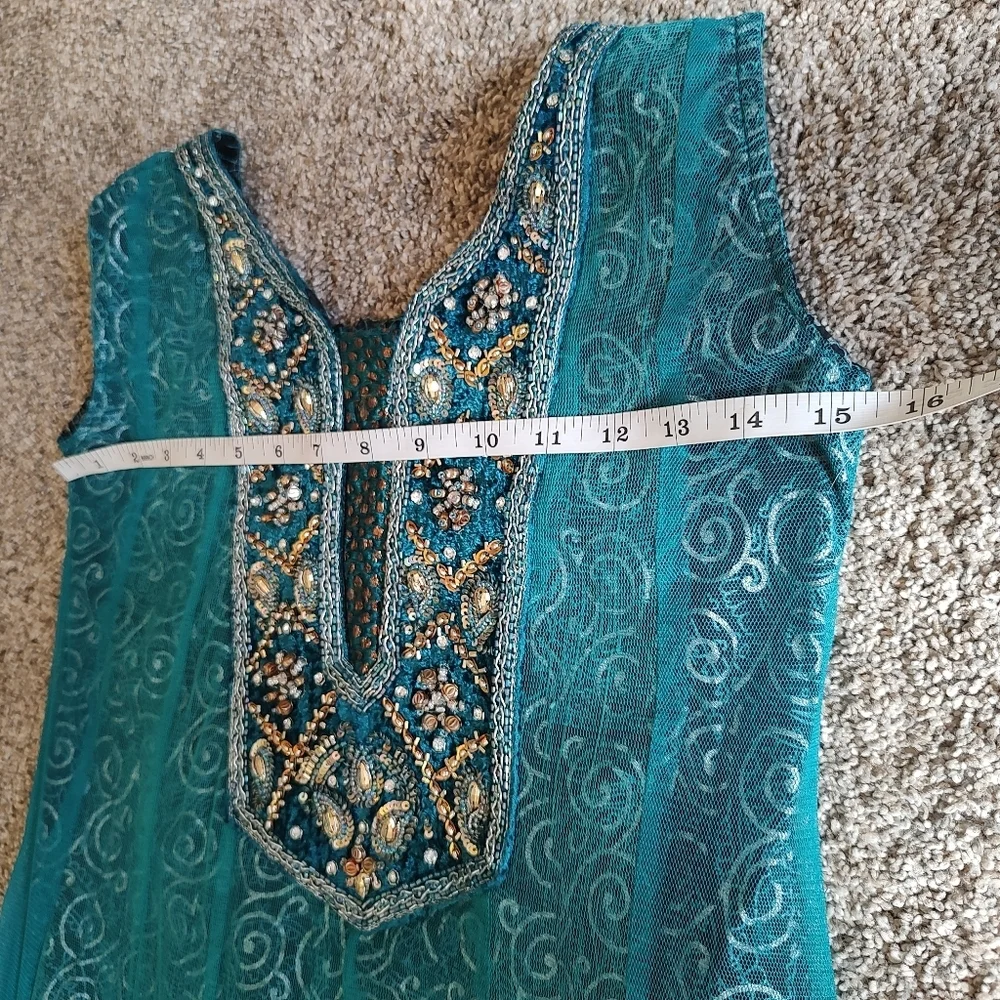 💥3/$20 Darshan Girls Green Beaded Lined Indian Dress Size 30 or Costume!